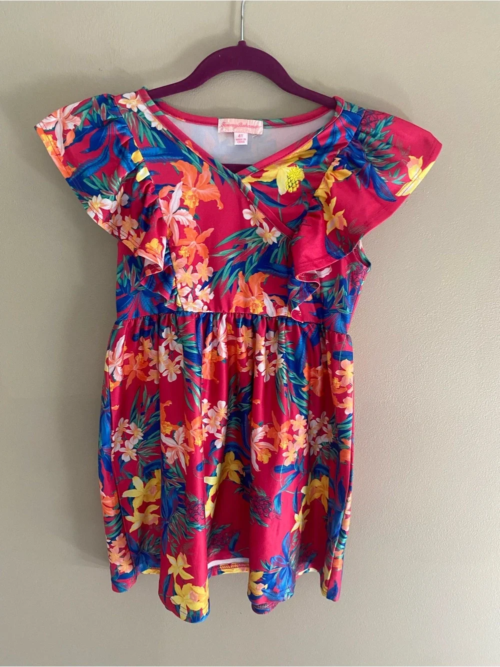 Tommy Bahama Red Floral V-Neck Flutter Sleeve‎ Casual Dress